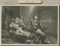 Pamono Census of Bethlehem and Christs Nativity Mortier Engraving, 1700s, Paper><noscript><img width=