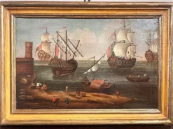 Pamono Central Italian Artist, Seascape with Figures and Galleons, Late 17th-Early 18th Century, Painting, Framed> Classical