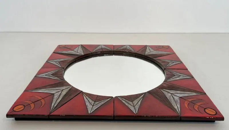 Clearance Pamono Ceramic Mirror Representing a Stylized Sun on a Red Background attributed to Oswald Tiberghien
