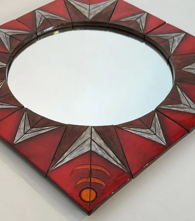 Clearance Pamono Ceramic Mirror Representing a Stylized Sun on a Red Background attributed to Oswald Tiberghien