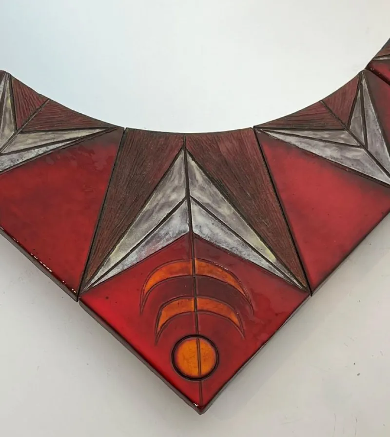 Clearance Pamono Ceramic Mirror Representing a Stylized Sun on a Red Background attributed to Oswald Tiberghien