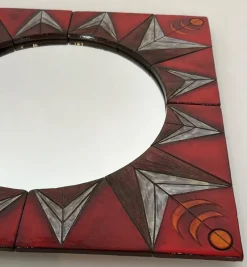 Clearance Pamono Ceramic Mirror Representing a Stylized Sun on a Red Background attributed to Oswald Tiberghien