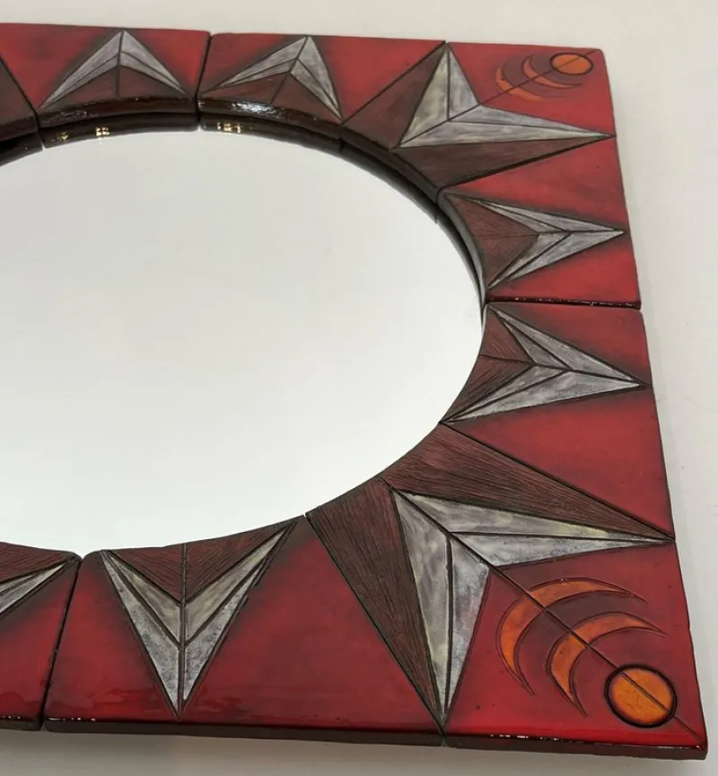 Clearance Pamono Ceramic Mirror Representing a Stylized Sun on a Red Background attributed to Oswald Tiberghien