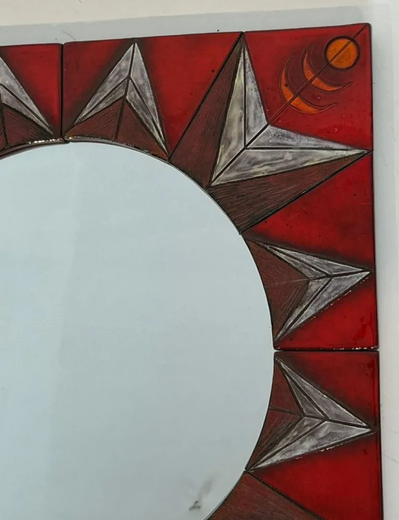 Clearance Pamono Ceramic Mirror Representing a Stylized Sun on a Red Background attributed to Oswald Tiberghien