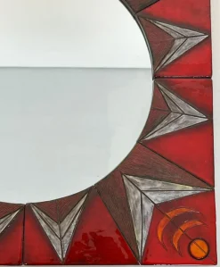 Clearance Pamono Ceramic Mirror Representing a Stylized Sun on a Red Background attributed to Oswald Tiberghien