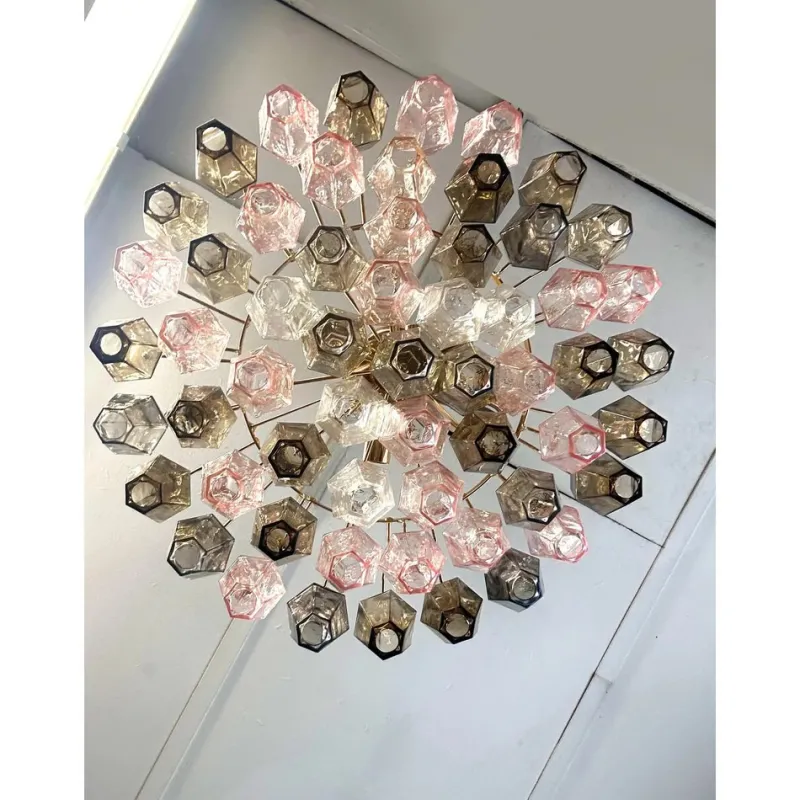 Pamono Chandelier with Pink and Fume Poliedri Murano Glass by Simoeng> Ceiling Lights