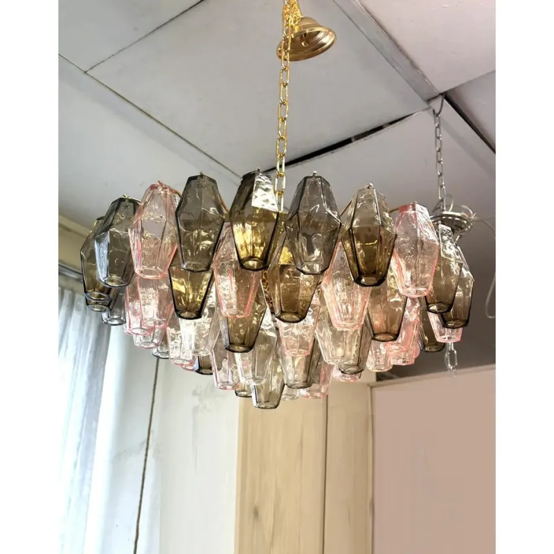 Pamono Chandelier with Pink and Fume Poliedri Murano Glass by Simoeng> Ceiling Lights