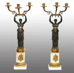 Discount Pamono Charles X Candlesticks or Flambeaux in Patinated Bronze and White Statuary Marble, France, Early 19th Century, Set of 2