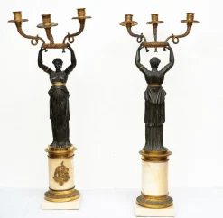 Discount Pamono Charles X Candlesticks or Flambeaux in Patinated Bronze and White Statuary Marble, France, Early 19th Century, Set of 2