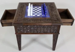 Clearance Pamono Chess Table with Chess Pieces in Handcarved Cedar, 1990s, Set of 17