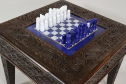 Clearance Pamono Chess Table with Chess Pieces in Handcarved Cedar, 1990s, Set of 17