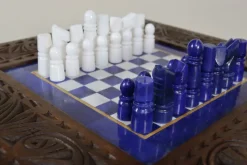 Clearance Pamono Chess Table with Chess Pieces in Handcarved Cedar, 1990s, Set of 17