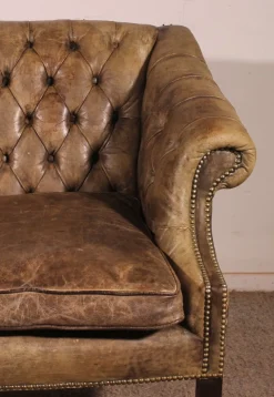 Best Pamono Chesterfield 3-Seater Sofa in Light Olive Leather, 1930s