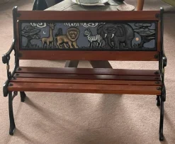 Outlet Pamono Childrens Safari Animals Themed Hand Painted Cast Iron & Mahogany Garden Bench