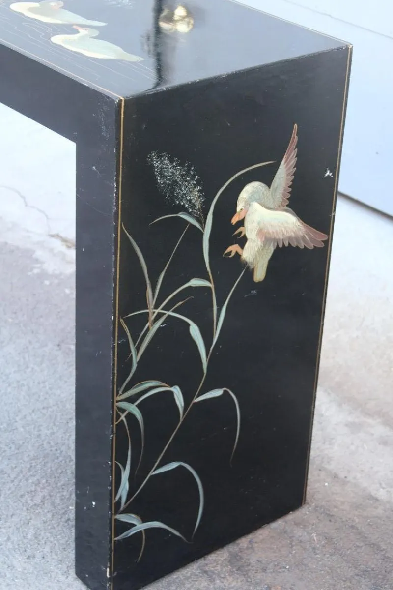 Pamono Chinese Lacquer Console Table with Duck and Plant Decorations, 1970> Console Tables