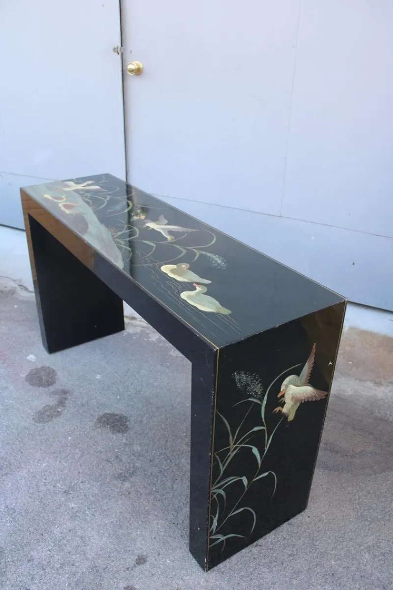Pamono Chinese Lacquer Console Table with Duck and Plant Decorations, 1970> Console Tables