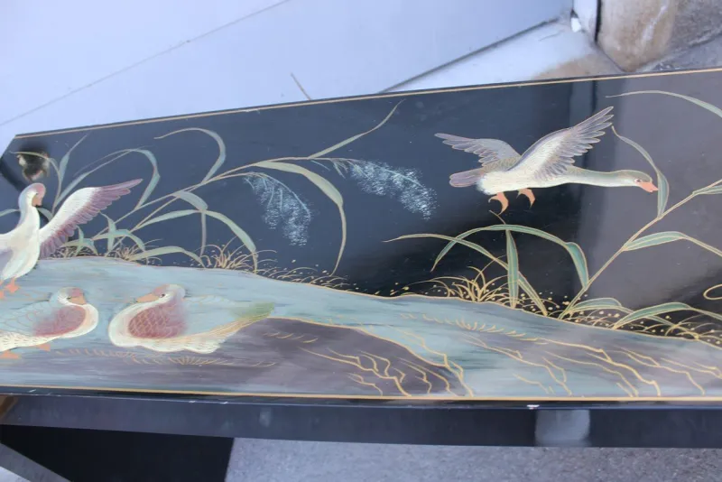 Pamono Chinese Lacquer Console Table with Duck and Plant Decorations, 1970> Console Tables