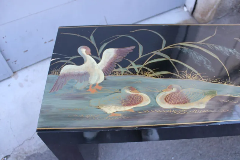 Pamono Chinese Lacquer Console Table with Duck and Plant Decorations, 1970> Console Tables