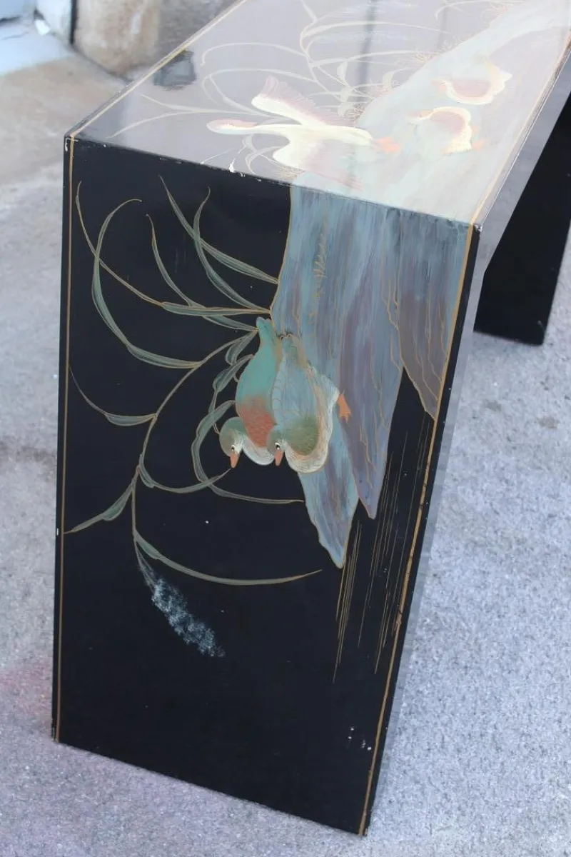 Pamono Chinese Lacquer Console Table with Duck and Plant Decorations, 1970> Console Tables