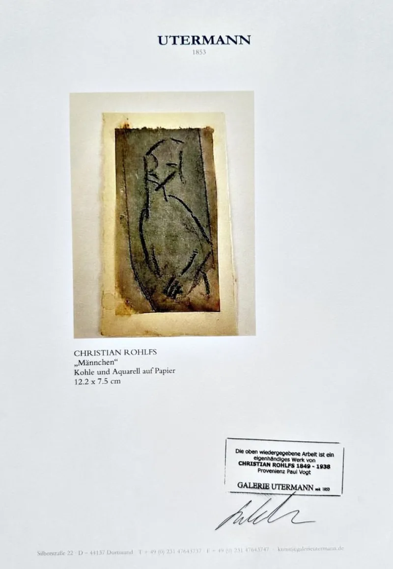 Pamono Christian Rohlfs, Männchen, Charcoal & Watercolor, Certificate of Authenticity, Provenance: Paul Vogt, Essen> Work On Paper