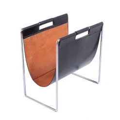 Pamono Chrome Steel and Black Leather Magazine Rack from Brabantia, 1960s> Magazine Racks
