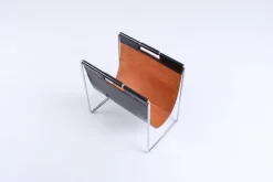 Pamono Chrome Steel and Black Leather Magazine Rack from Brabantia, 1960s><noscript><img width=