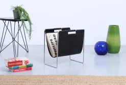 Pamono Chrome Steel and Black Leather Magazine Rack from Brabantia, 1960s><noscript><img width=