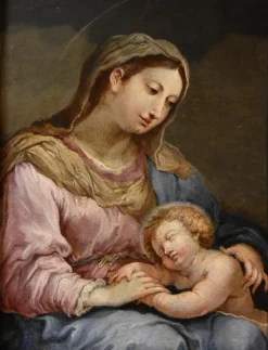 Pamono Circle of Sebastiano Conca, Madonna and Child, Oil on Copper, 1740, Framed><noscript><img width=