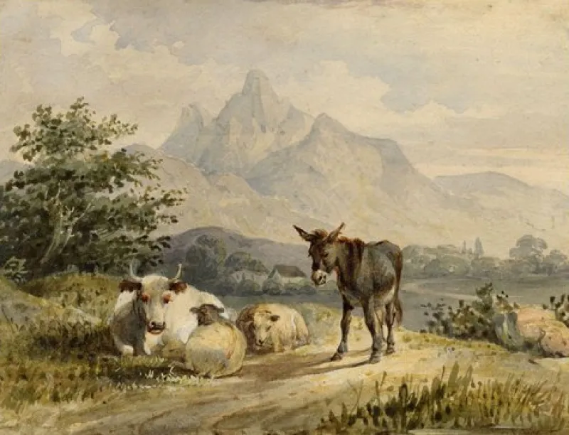 New Pamono Circle of Thomas Sidney Cooper RA, Animals in a Landscape, 19th Century, Watercolour