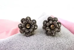 Pamono Circular Earrings in Gold and Silver with Flower-Shaped Diamond Chips, Set of 2