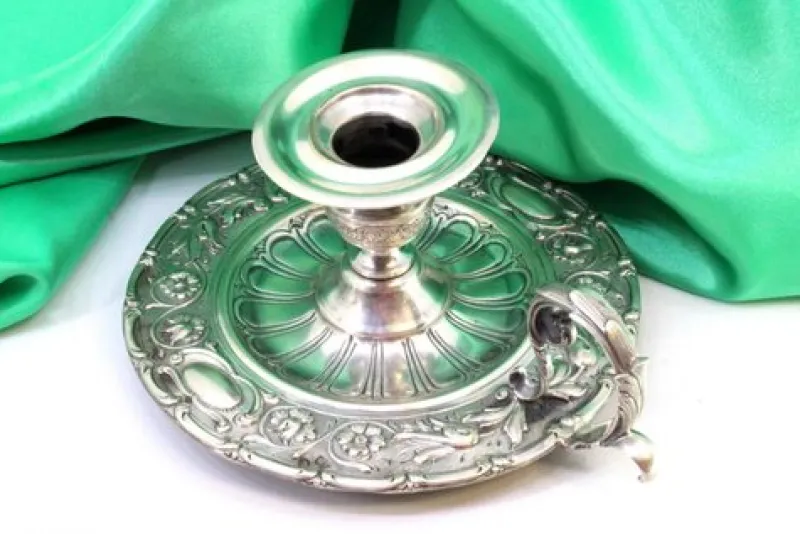 Pamono Circular Silver Paddle with Raised Floral Motifs, Grooved Engraving in the Center and Handle with Applications> Candleholders