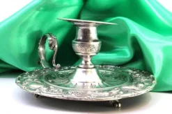 Pamono Circular Silver Paddle with Raised Floral Motifs, Grooved Engraving in the Center and Handle with Applications> Candleholders