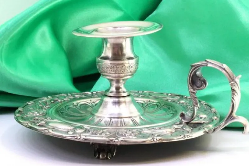 Pamono Circular Silver Paddle with Raised Floral Motifs, Grooved Engraving in the Center and Handle with Applications> Candleholders