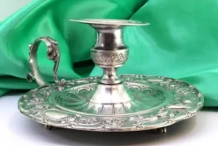 Pamono Circular Silver Paddle with Raised Floral Motifs, Grooved Engraving in the Center and Handle with Applications><noscript><img width=