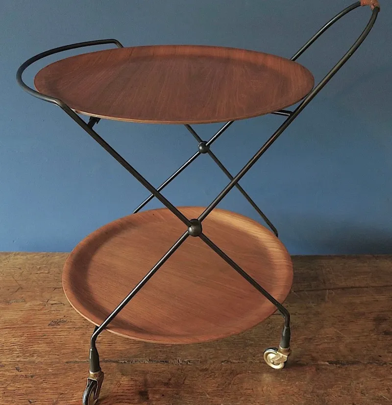 Discount Pamono Circular Teak and Metal Folding Serving Trolley from Ary Fanerprodukter, Sweden, 1960s