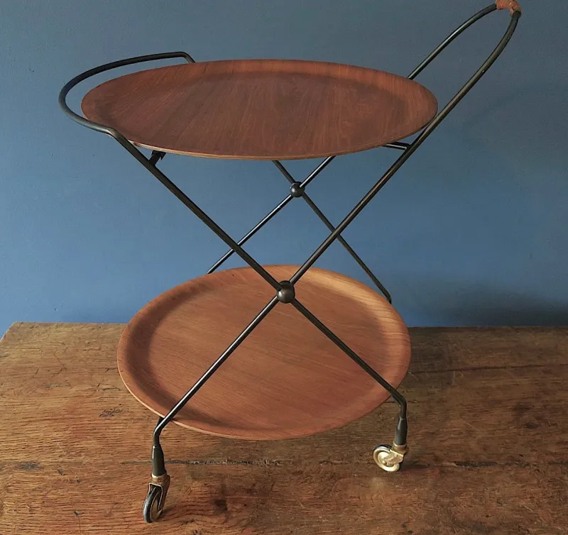 Discount Pamono Circular Teak and Metal Folding Serving Trolley from Ary Fanerprodukter, Sweden, 1960s