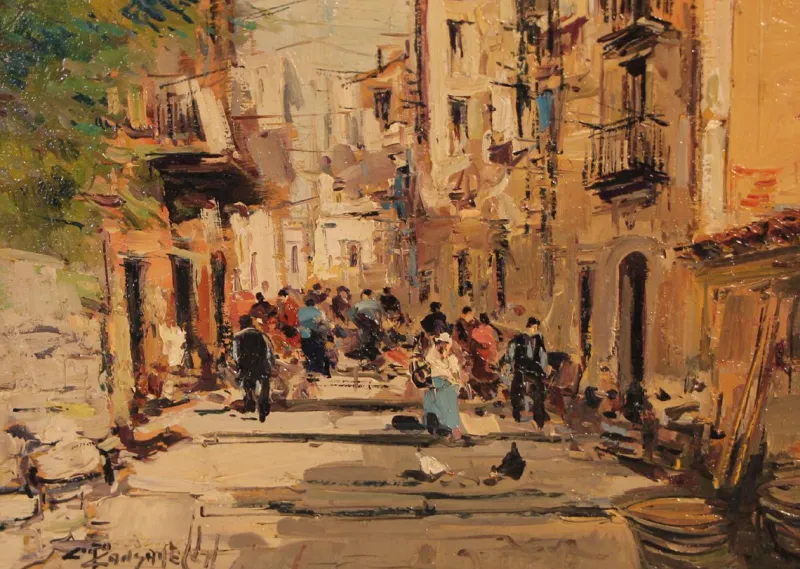 Outlet Pamono Ciro Canzanella, Impressionist Street Scene in Italy, 20th Century, Oil on Wood, Framed