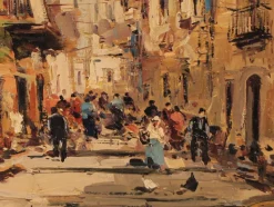 Outlet Pamono Ciro Canzanella, Impressionist Street Scene in Italy, 20th Century, Oil on Wood, Framed