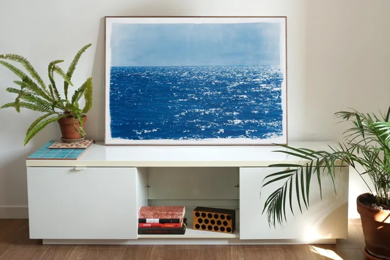 Pamono Coastal Blue Cyanotype of Day Time Seascape Nautical Painting Shore, 2020> Minimalist
