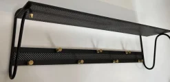 Pamono Coat Rack in Black Lacquered Metal, Perforated Sheet Metal and Brass in the style of Mathieu Matégot><noscript><img width=