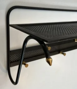 Pamono Coat Rack in Black Lacquered Metal, Perforated Sheet Metal and Brass in the style of Mathieu Matégot><noscript><img width=