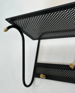 Pamono Coat Rack in Black Lacquered Metal, Perforated Sheet Metal and Brass in the style of Mathieu Matégot><noscript><img width=