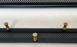 Pamono Coat Rack in Black Lacquered Metal, Perforated Sheet Metal and Brass in the style of Mathieu Matégot><noscript><img width=