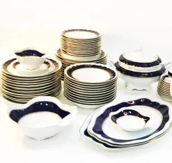 Pamono Cobalt & 24K Gold Porcelain Service from Bidasoa, 1980s, Set of 84> Dinner Plates & Bowls