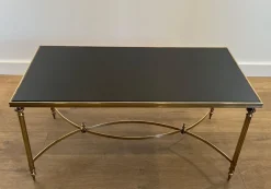 Pamono Coffee Table in Brass and Black Lacquered Glass by Maison Jansen><noscript><img width=