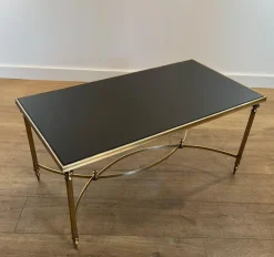 Pamono Coffee Table in Brass and Black Lacquered Glass by Maison Jansen><noscript><img width=