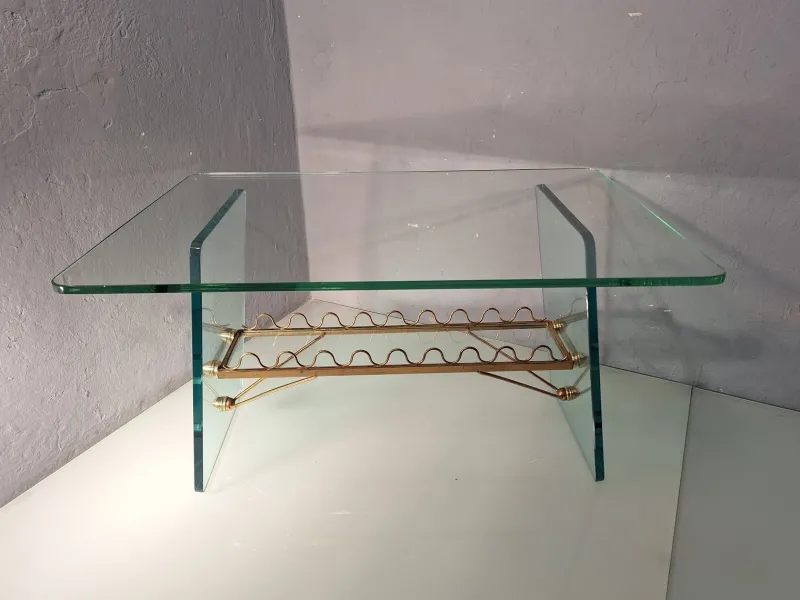 Pamono Coffee Table with Glass Top and Legs and Brass Scrolls attributed to Gio Ponti for Fontana Arte, 1940s> Coffee & Side Tables