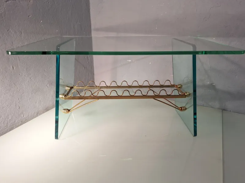 Pamono Coffee Table with Glass Top and Legs and Brass Scrolls attributed to Gio Ponti for Fontana Arte, 1940s> Coffee & Side Tables