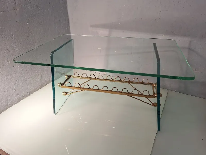 Pamono Coffee Table with Glass Top and Legs and Brass Scrolls attributed to Gio Ponti for Fontana Arte, 1940s> Coffee & Side Tables