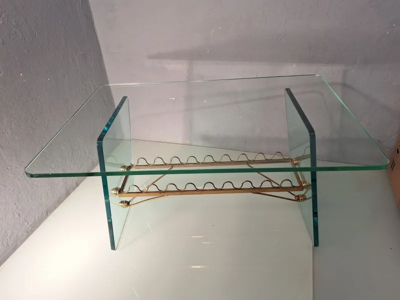Pamono Coffee Table with Glass Top and Legs and Brass Scrolls attributed to Gio Ponti for Fontana Arte, 1940s> Coffee & Side Tables